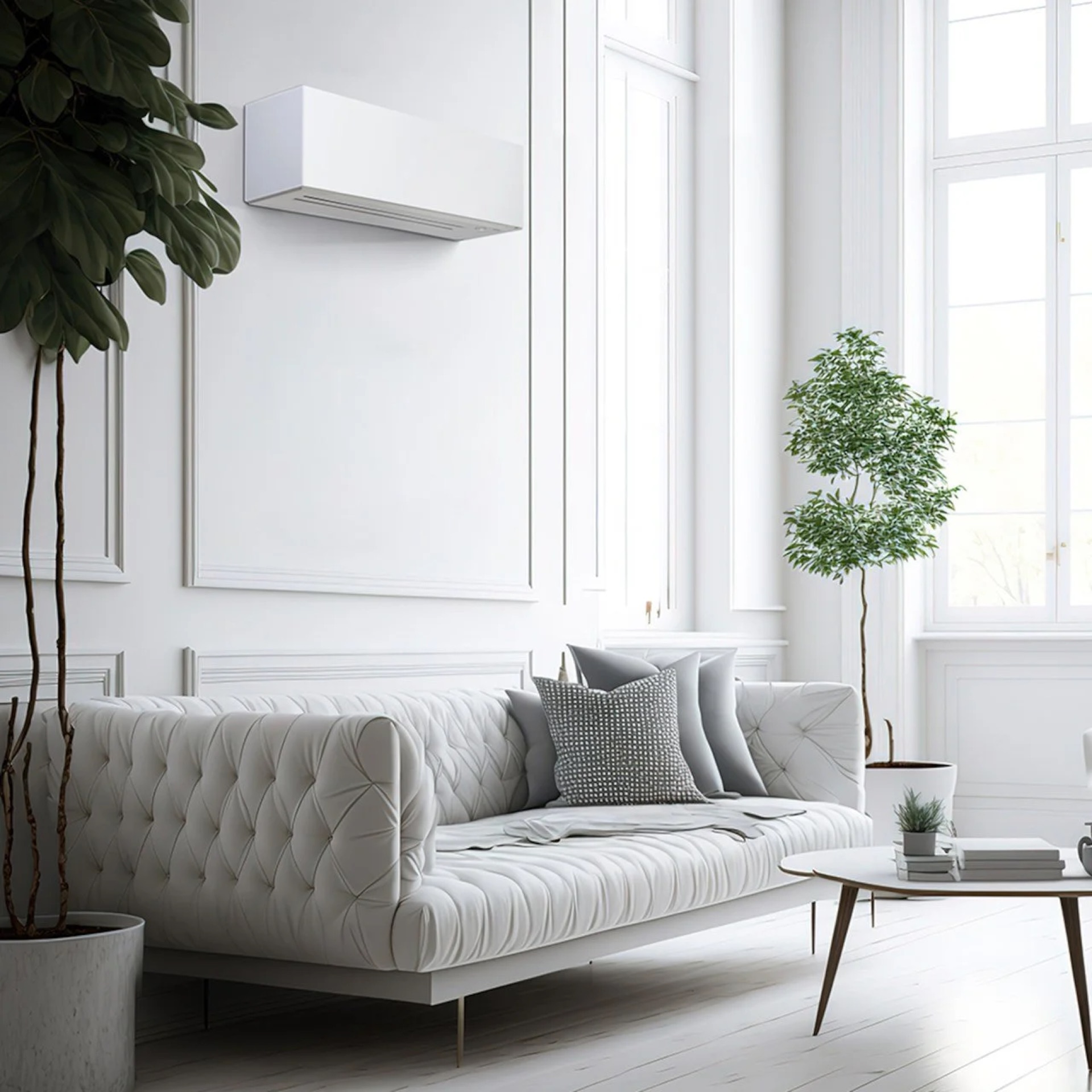 Moderne stue med varmepumpe